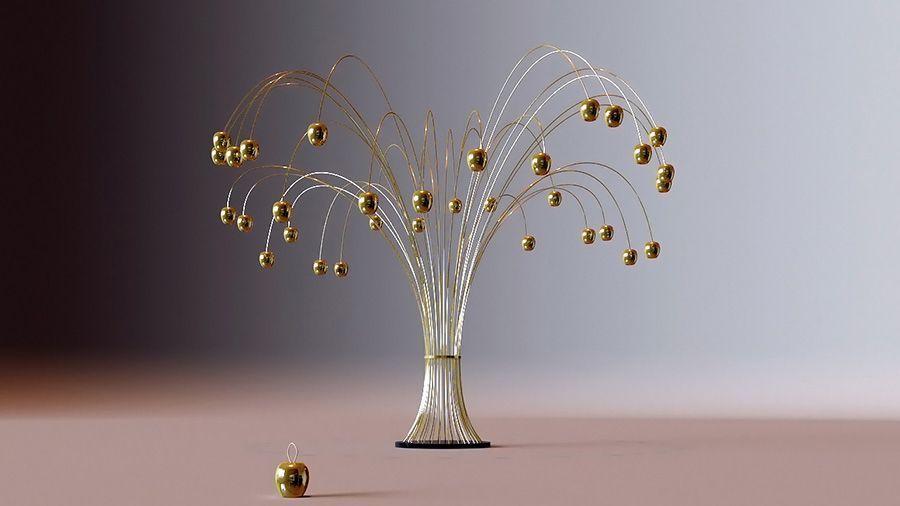 Gold-toned, tree-shaped display mount holding small spheres